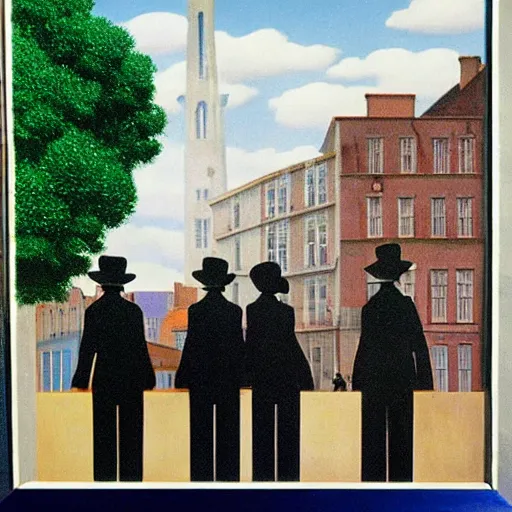 Prompt: people splashing water in city street, sunny, painted by Rene Magritte