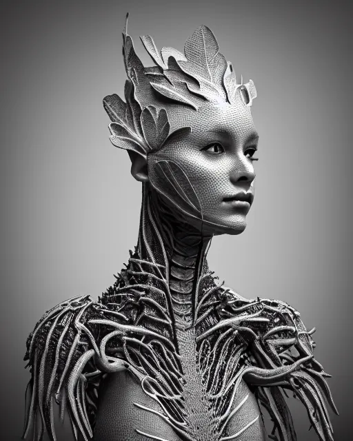 Image similar to close - up profile face, black background, 3 d render of a beautiful porcelain vegetal dragon cyborg young female, 1 5 0 mm, beautiful natural soft rim light, silver gold details, magnolia leaves and stems, roots, fine lace, mandelbot fractal, elegant, ultra detailed, white metallic armour, octane render, black and white, h. r. giger style