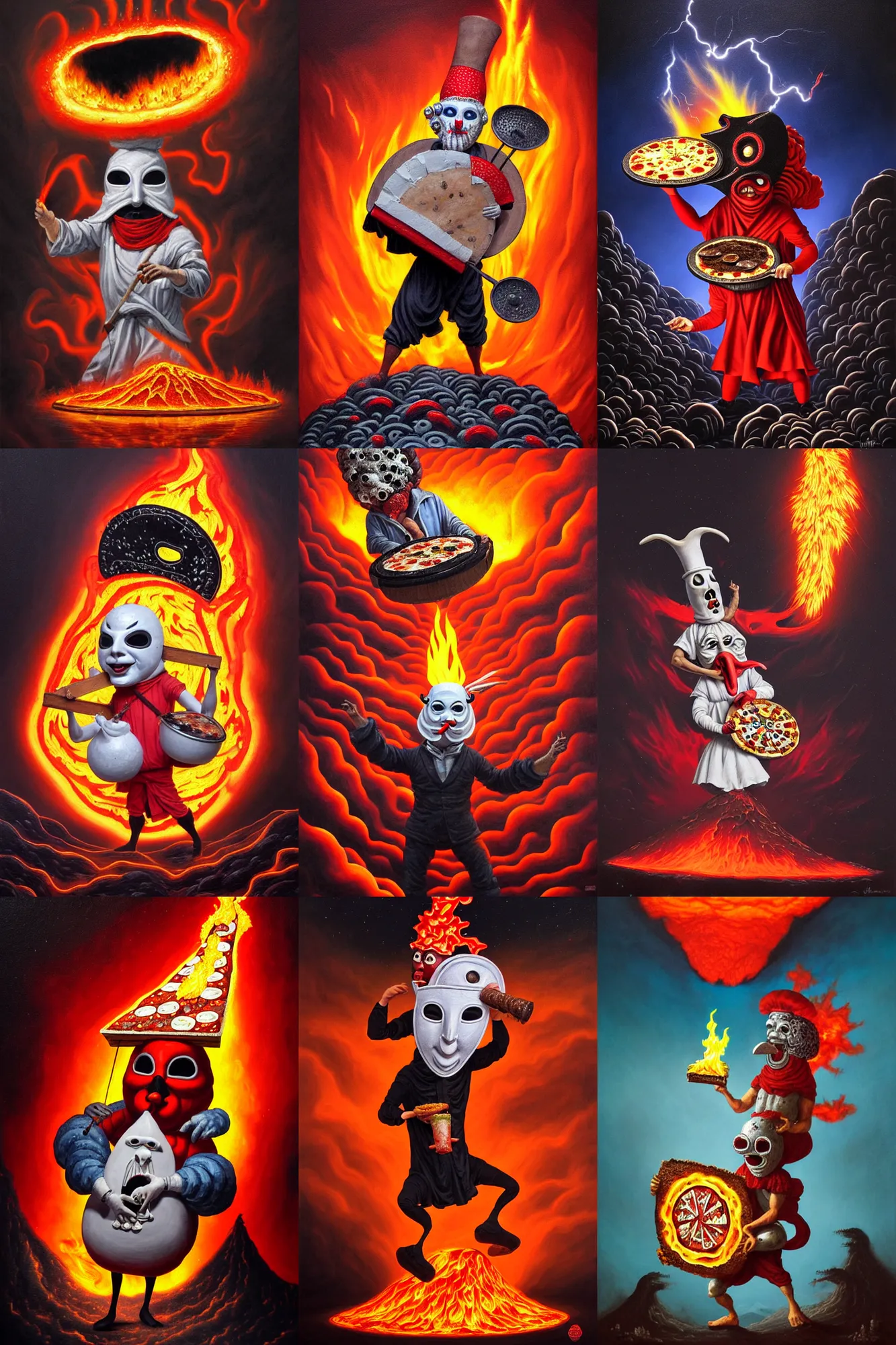 Image similar to an extremely detailed pulcinella like character wearing a mask holding a large pizza in front of a volcano spewing lava and black smoke, from below, streams of glowing hot lava, flashes of lightning in the distance, wide shot, long shot, an ultrafine detailed painting by joe fenton, deviantart, pop surrealism, whimsical