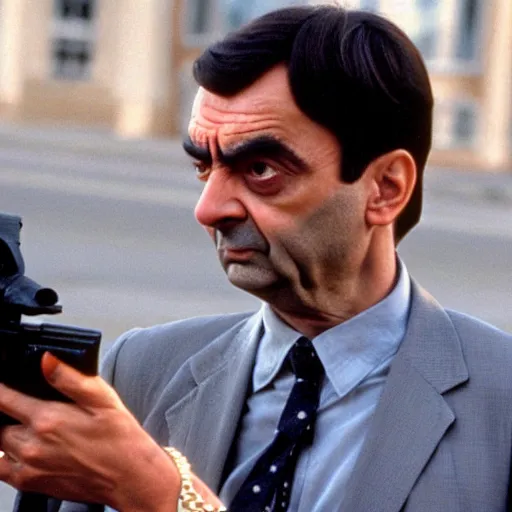 Prompt: A still of Mr Bean as the Terminator in The Terminator