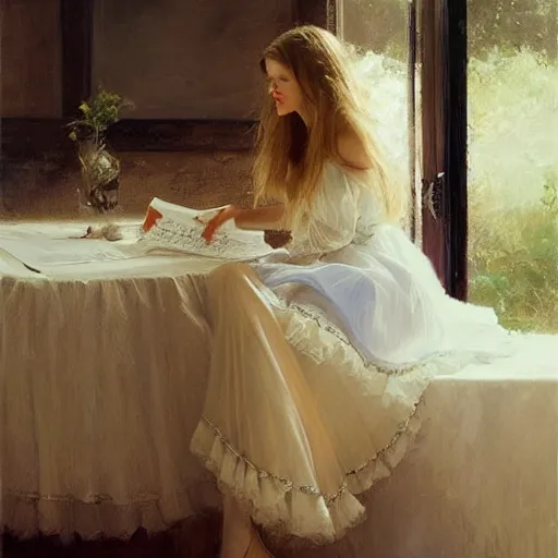 Prompt: Elegant girl with sheet music on her skirt, painted by Vicente Romero Redondo, highly detailed