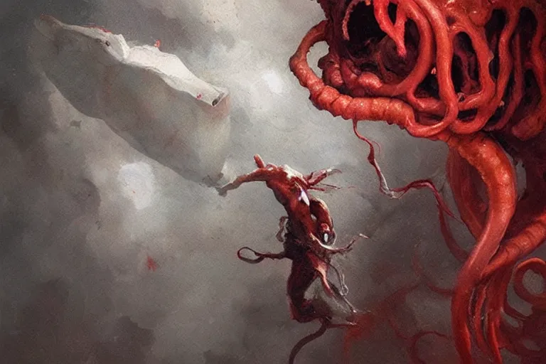 Image similar to painting by greg rutkowski of a flying human head and face that is chalk white in color, with tentacles coming of the neck, red eyes, flying in a terrying hell like cavernous place