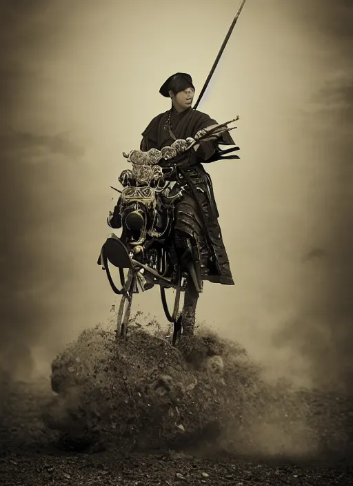 Prompt: old vintage photo of Chinese ancient warrior on the steam punk one wheels, extreme sports photography , dynamic photography, high speed,dirt and grawel flying in the spot, lens flares, dust in the air, moody lighting, intricate, elegant, highly detailed, centered, smooth, sharp focus, sports photography, old photo, black and white, sepia, cinematic lighting, cinematic angle, national geographic