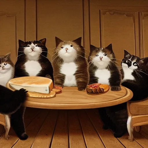 Image similar to chonky cats gathering sitting on a table floating close to ceiling, having wine and cheese, in aristocratic attire