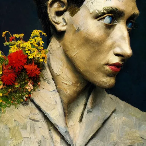 Image similar to a sculpture portrait made of papper and sand and flowers and plants, painting part by wojciech siudmak, part by ilya repin, part by max ernst, part by norman rockwell, artstation