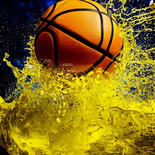 Prompt: a basketball player with yellow shirt catching a ball in the middle of the ocean, splash everywhere, freeze time, detailed, volumetric light, 4 k, dynamic movement, shot with flash, strobist, digital art, dramatic, sharp focus, by annie leibovitz