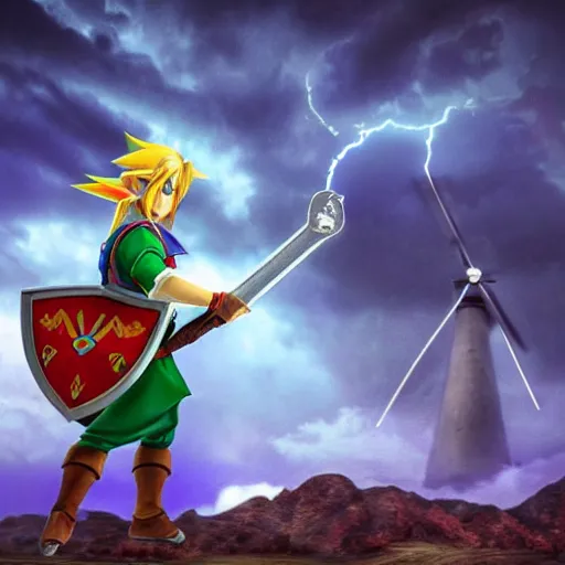 Image similar to link from the video game ocarina of time playing the song of storms on an ocarina in front of the windmill from kakariko village, photorealistic, extreme detail, sharp focus, 8 k, intricate, hyper detailed, realistic, cinematic lighting