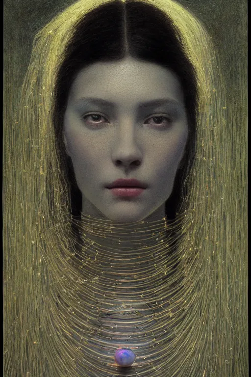 Image similar to Woman's portrait, crystal and opal, Crystal face, shiny, flat background, glowing, wires everywhere, by Edgar Maxence and Ross Tran, Zdzisław Beksiński, and Michael Whelan, distant, gustav dore, H.R. Giger, 8k, octane render