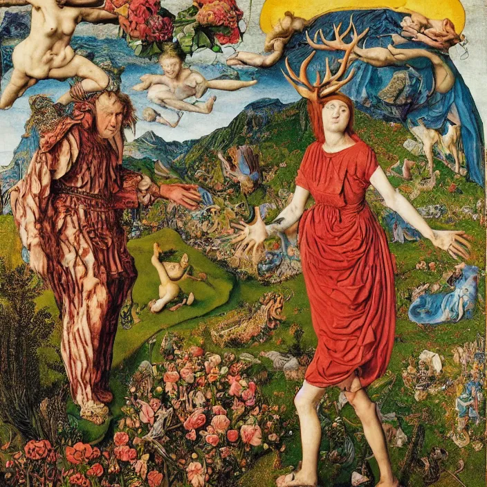 Image similar to a wide mountainous river valley with a tattood lady with animal stripes, antlers and wings transforming into a flower while the stars look like flowers by jan van eyck, ernst fuchs, nicholas kalmakoff, joep hommerson, character, full body, max ernst, hans holbein