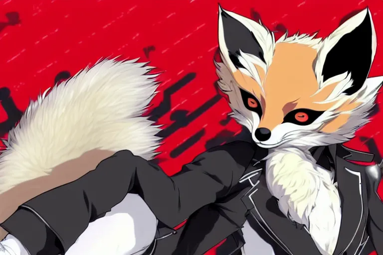 Image similar to a furry tan male fox on a persona 5 : royal ( by atlus ) video game splash screen, a furry male sandcolored tan fox fursona ( has hair ), persona 5 phantom thief style