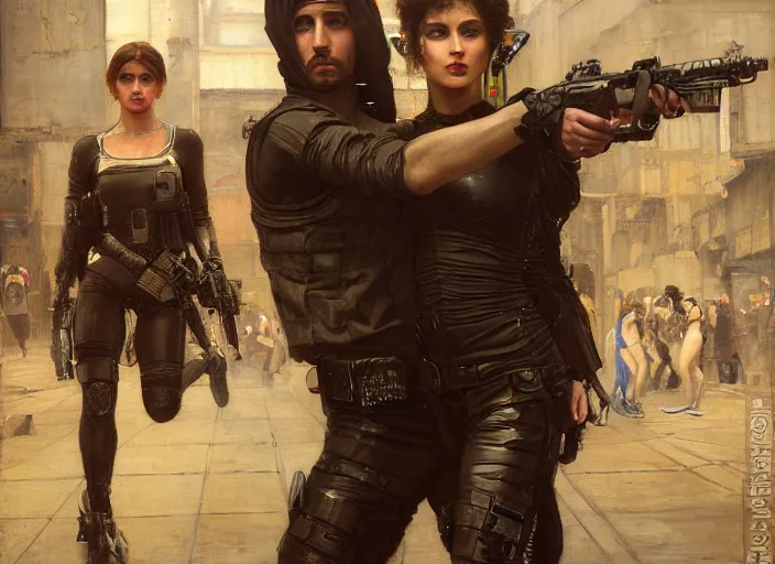 Prompt: sophia evades sgt Nash. Cyberpunk thief wearing combat vest escaping menacing police troopers (blade runner 2049). Gorgeous face. Iranian orientalist portrait by john william waterhouse and Edwin Longsden Long and Theodore Ralli and Nasreddine Dinet, oil on canvas. Cinematic, hyper realism, realistic proportions, dramatic lighting, high detail 4k