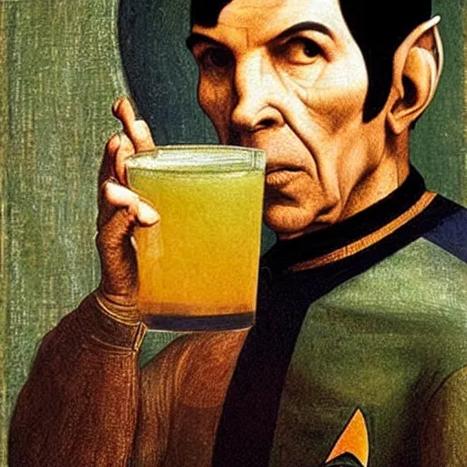 Image similar to portrait of spock drinking a tropical beverage, painting by leonardo da vinci