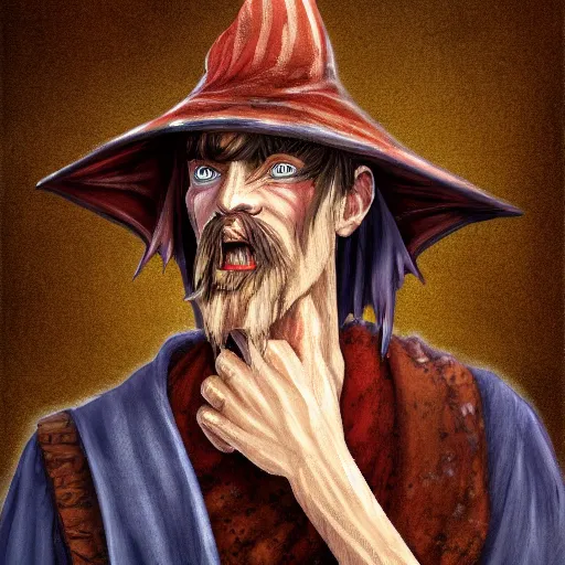 Image similar to Chawick the Fail Wizard, a young scrawny man in ragged and stained wizard's robes and hat. 8k resolution, full-length portrait, digital painting, fantasy art.