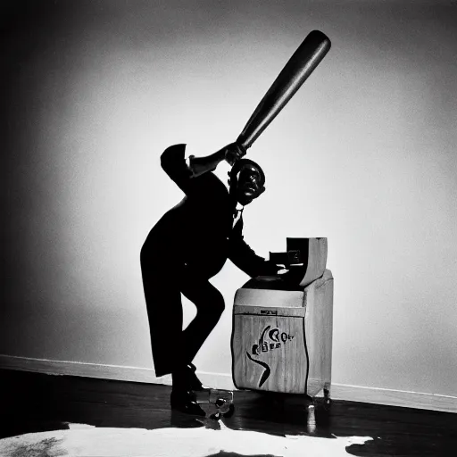 Prompt: a black and white photograph of a man beating a computer with a baseball bat, by gary baseman, robert crumb, jim henson, photorealistic, surreal, high contrast, film photography