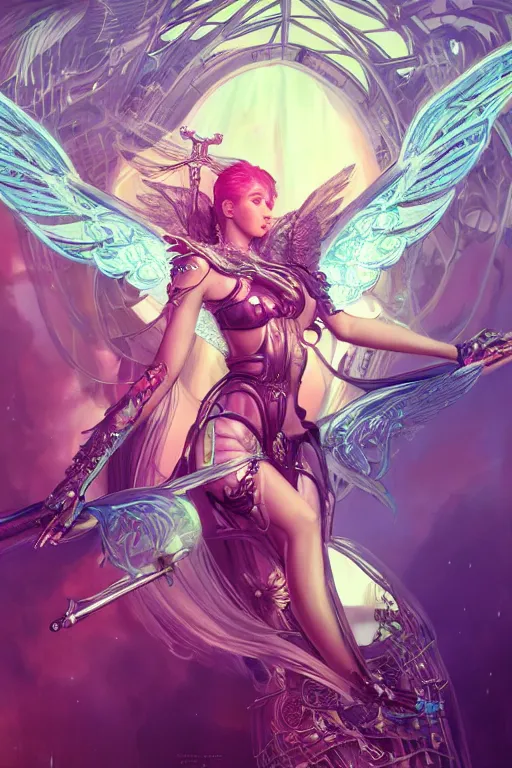 Image similar to portrait futuristic goddess angel Girl with wings and sword, in future cyberpunk tokyo rooftop , ssci-fi, fantasy, intricate, very very beautiful, elegant, human anatomy, human structure, neon light, highly detailed, digital painting, artstation, concept art, smooth, sharp focus, illustration, art by tian zi and WLOP and alphonse mucha