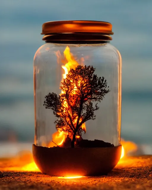 Prompt: glass jar with a burning tree inside, standing on a cliff, bokeh, ocean in the background, metal lid, dramatic lighting, small flames, hyperrealistic, volumentric lighting, highly detailed