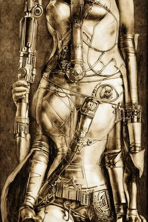 Image similar to highly detailed steampunk gal gadot standing, light saber, hieronymus bosch, leonardo da vinci, albrecht durer