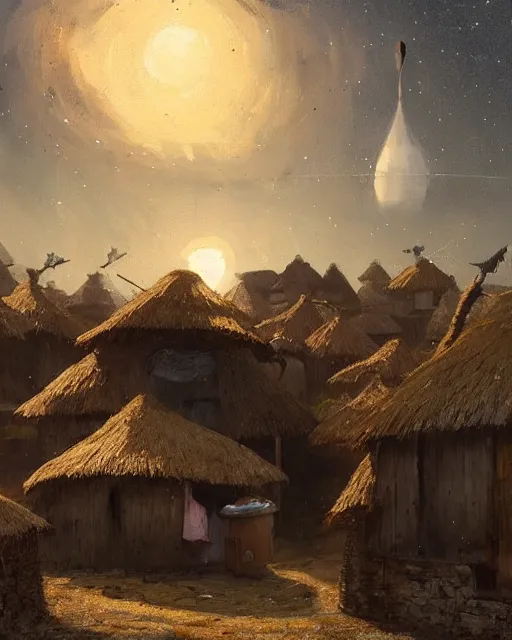 Image similar to Painting by Greg Rutkowski, a big ceramic jug with a gold ornament flies high in the dark night sky above a small village with built-up huts under thatched roofs