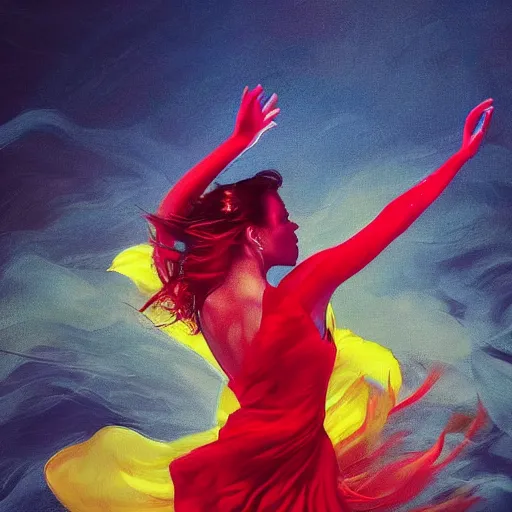 Prompt: beautiful modern dancer wearing a red and yellow swirling dress, dancing waist-deep in a sea of wild ocean waves, trending on Artstation, cinematic, hyperrealistic