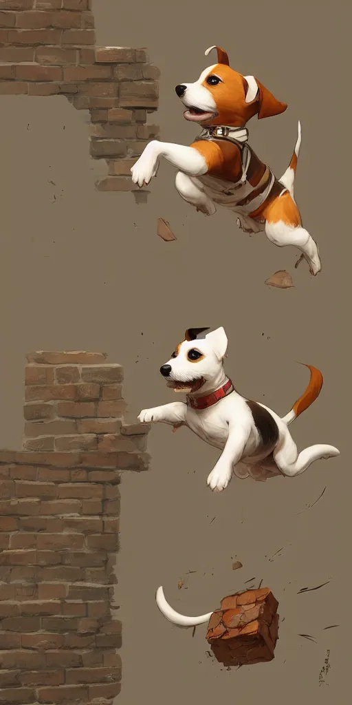 Prompt: adorable jack russel terrier jumping over a brick wall, fantasy art, artstation character design contest winner, trending on cgsociety, concept art, speedpaint, beautiful digital art, jesper ejsing, james jean, justin gerard, fenghua zhong, makoto shinkai, highly detailed