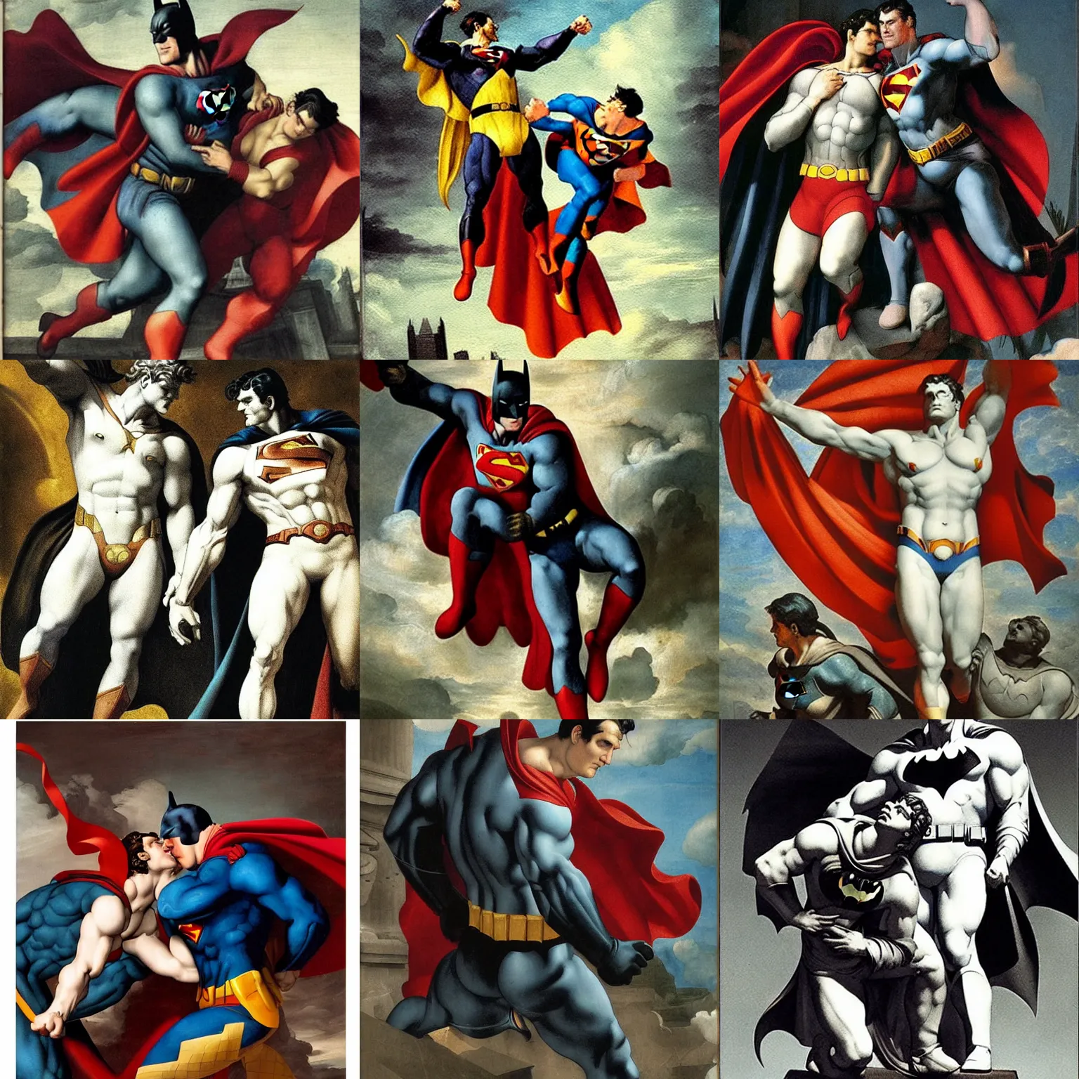 Prompt: batman and superman by michelangelo neoclassical, academic painting