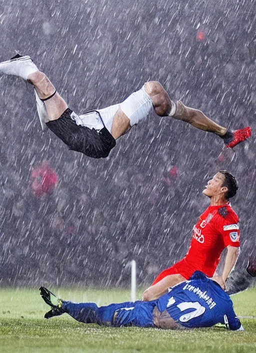 Prompt: epic cristiano ronaldo sliding on knees across grass scoring a goal, hurricane rain, prism, michael whelan