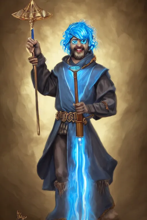 Prompt: Portrait of a Male hydromancer, DND, D&D, navy hair, short straight hair, light blue robes, black skin!, blue eyes, grin, metallic scepter, bubble background, exposed midriff, extremely detailed, high fantasy, by frank franzzeta, mcbess, WLOP, Genzoman and gary gygax, trending on artstation, artstationHD, artstationHQ, deviantart, 16K, HD, matte painting, vibrant colors