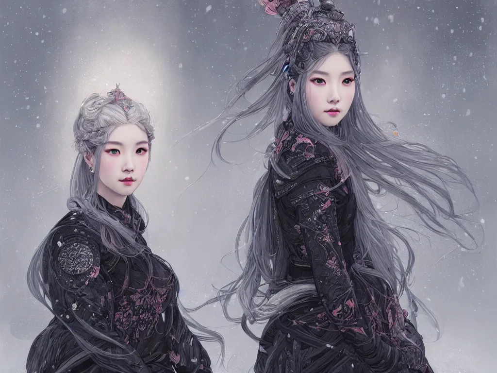 Image similar to portrait jisoo blackpink, grey hair armored samurai clothes, in torii black magic snowy night, ssci - fi and fantasy, intricate and very very beautiful and elegant, digital painting, artstation, concept art, smooth, illustration, art by tian zi and wlop and alphonse mucha