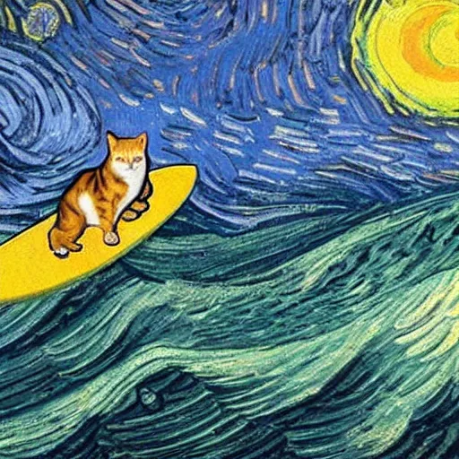 Image similar to dog and a cat surfing the sea during twilight in van gogh style