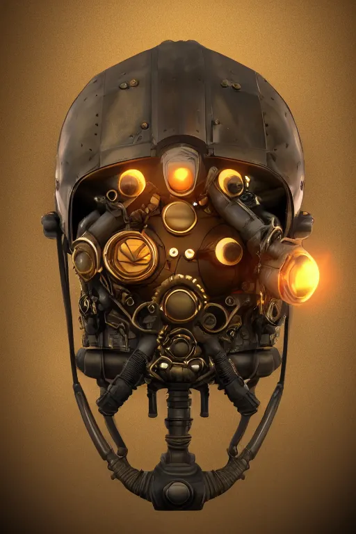 Image similar to steampunk mask minimalist fantasy art robot ninja helmet, global illumination ray tracing hdr fanart arstation by sung choi and eric pfeiffer and gabriel garza and casper konefal radiating a glowing aura