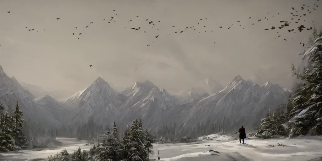 Image similar to A majestic landscape featuring a river, mountains and a forest. A small group of birds is flying in the sky. Harsh winter. very windy. There is a man walking in a deep snow.Camera is positioned behind the man. Cinematic, very beautiful, painting in the style of Lord of the rings