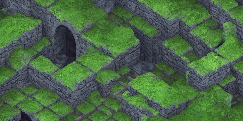 Prompt: an ancient dungeon interior tunnel with stone walls, stagnant water, mossy overgrowth, soft ambient lighting, trending on artstation, isometric