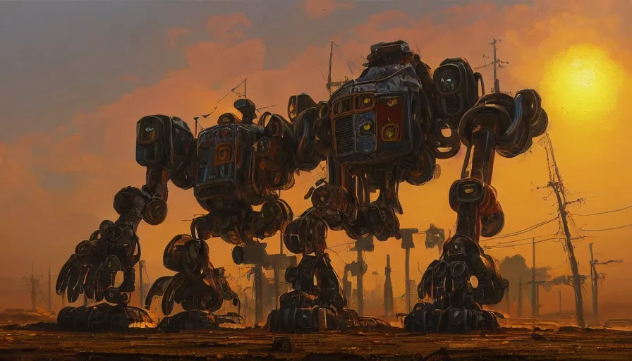 Prompt: an intricate oil painting of a giant scrap metal anime mecha with by simon stalenhag, golden hour