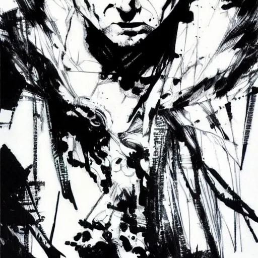 Image similar to DC vertigo The Sandman portrait by Yoji Shinkawa and Ashley Wood, black and white, ink brush