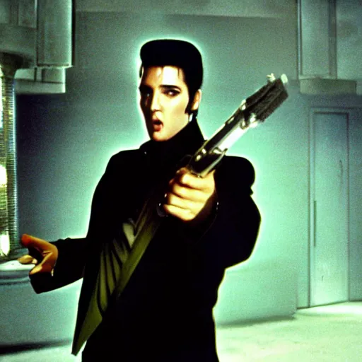 Prompt: a still of elvis presley in matrix ( 1 9 9 9 ) cinematic shot