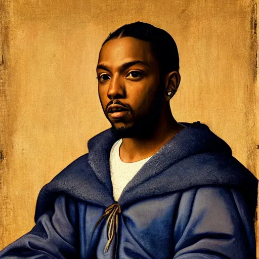 Image similar to a renaissance style portrait painting of kendrick lamar