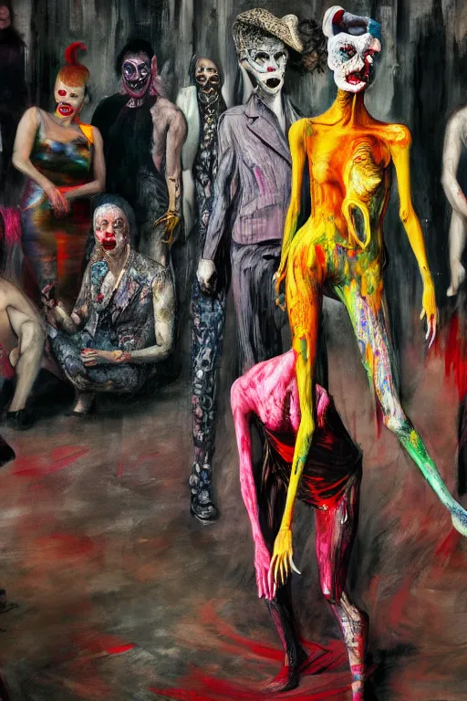 Image similar to crazy fashion catwalk, freak show, one model, crazy clothes, biopunk style, horror, hauntingly surreal, highly detailed painting by francis bacon, edward hopper, adrian ghenie, gerhard richter, and james jean soft light 4 k