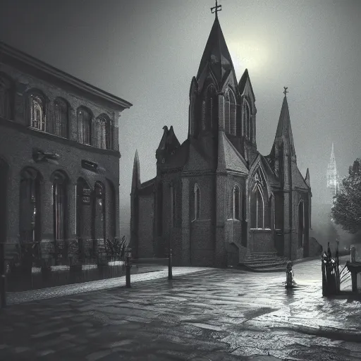 Image similar to victorian church in the middle of the city, dark, misty, at night, 8 k, detailed, concept art, trending on artstation