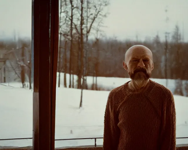 Image similar to award - winning lomographic tarkovsky film still of 4 0 years russian man with beard and sweater standing on small hrushevka 9 th floor balcony in taiga looking at sunset, cinestill, bokeh