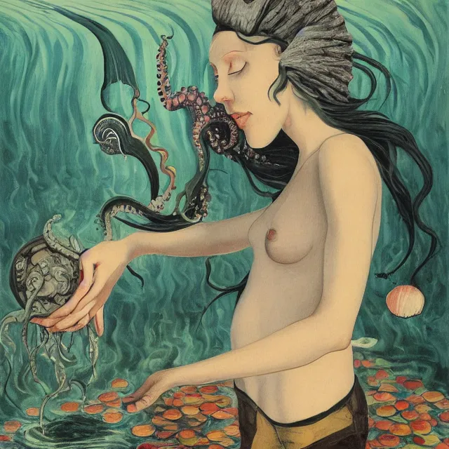 Image similar to tall emo female artist holding a nautilus in her flooded kitchen, pomegranates, octopus, water gushing from ceiling, painting of flood waters inside an artist's apartment, a river flooding indoors, ikebana, zen, rapids, waterfall, black swans, canoe, berries, acrylic on canvas, surrealist, by magritte and monet