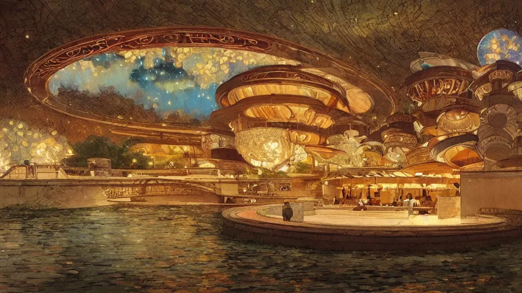 Prompt: a beautiful painting of a view from the river of a round library designed by frank lloyd wright, at night with a sky full of stars, intricate, elegant, highly detailed, digital painting, artstation, concept art, by krenz cushart and artem demura and alphonse mucha