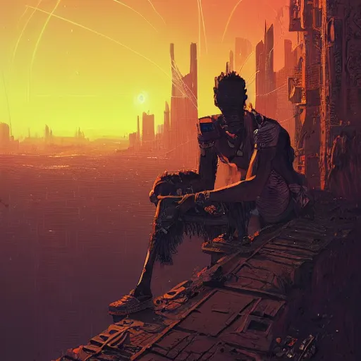 Prompt: a cyberpunk zulu warrior sitting on a cliff watching an enormous metropolitan city burn!!!! from a distance at night, fire, by alena aenami and android jones and greg rutkowski, Trending on artstation, hyperrealism, elegant, stylized, highly detailed digital art, 8k resolution, hd, global illumination, radiant light, detailed and intricate cyberpunk ghetto environment, rendered in octane, post processed, wide angle, dynamic portrait