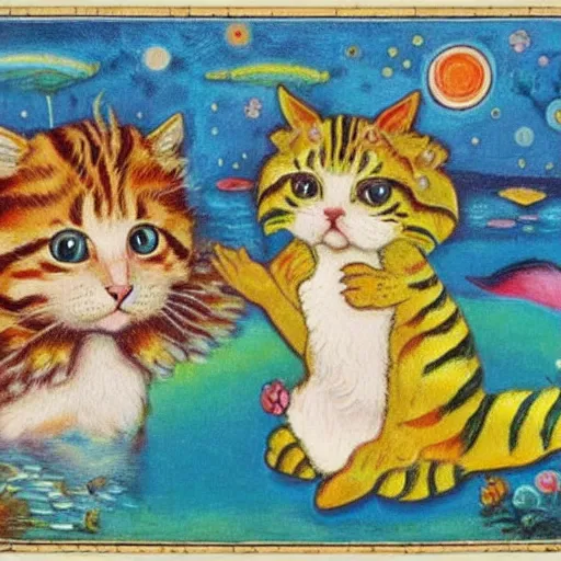 Prompt: a kitten meets a mermaid, Louis William Wain,