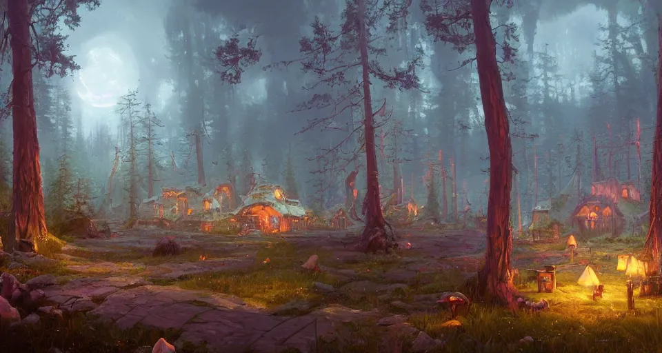 Prompt: A landscape with a large fantasy tavern with multiple stories in the middle of a magical forest, magical particles!!, magical lighting, inviting, enchanting, rendered by simon stålenhag, rendered by Beeple, Makoto Shinkai, syd meade, environment concept, digital art, unreal engine, 3 point perspective, WLOP, trending on artstation, low level, 4K UHD image, octane render,