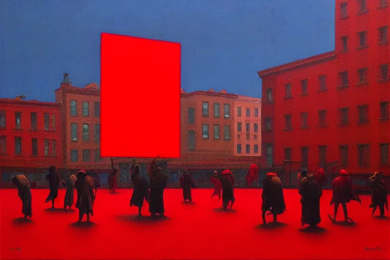 Image similar to only with red, a crowd with big smiles in the middle of a square, a paint in the middle, in the style of beksinski, parts by edward hopper, parts by rodcenko, parts by yue minjun, intricate and epic composition, red by caravaggio, insanely quality, highly detailed, masterpiece, red light, artstation, 4 k