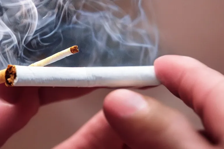 Image similar to Close-up of thin soft hand holding cigarette in it with smoke, hyper realistic, high details, photo, super resolution