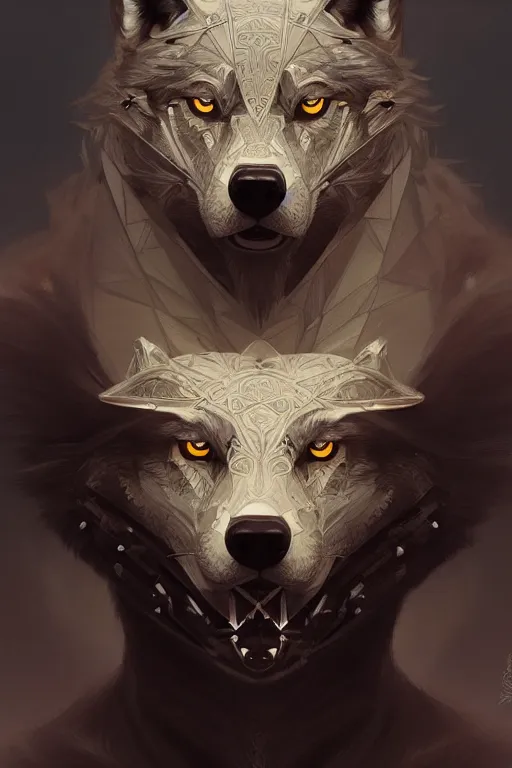 Image similar to symmetry!! portrait of a good looking wolf man, machine parts embedded into face, intricate, elegant, highly detailed, digital painting, artstation, concept art, smooth, sharp focus, illustration, art by artgerm and greg rutkowski and alphonse mucha, 8 k