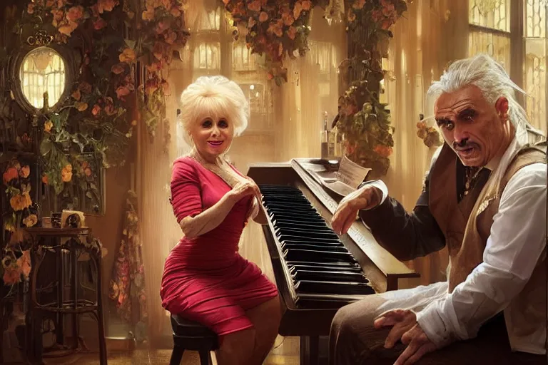 Prompt: barbara windsor singing in a pub, vinnie jones is watching, einstein is playing the piano, real life skin, intricate, elegant, highly detailed, artstation, concept art, smooth, sharp focus, art by artgerm and greg rutkowski and alphonse mucha