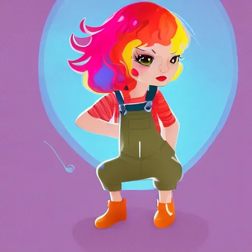 Image similar to cute cartoon character, curled perspective, digital art, attractive girl, overalls, combat boots, rainbow hair, old photo camera, anton fadeev