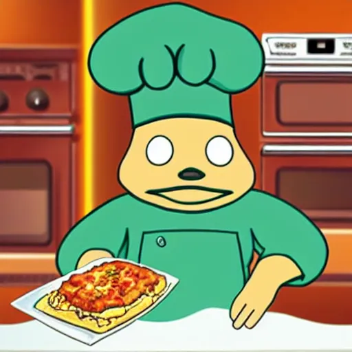 Image similar to manga cute platypus on a kitchen wearing a chef hat and holding a lasagna into an oven, manga style